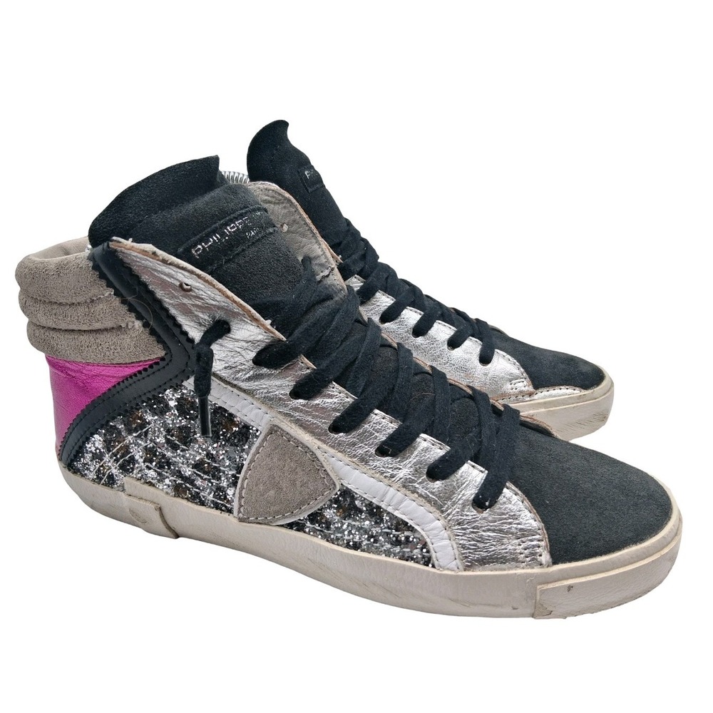 Philippe Model Shoes Womens 7.5 Multicolor High Top Glitter Distressed Sneakers